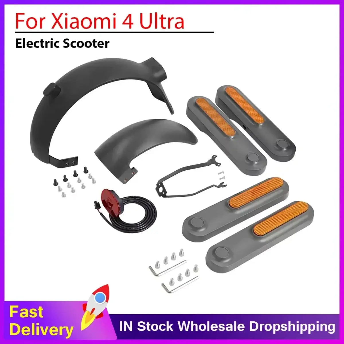 Black plastic fender with orange reflective side marker lights for Xiaomi 4 Ultra electric scooter mudguard bracket parts