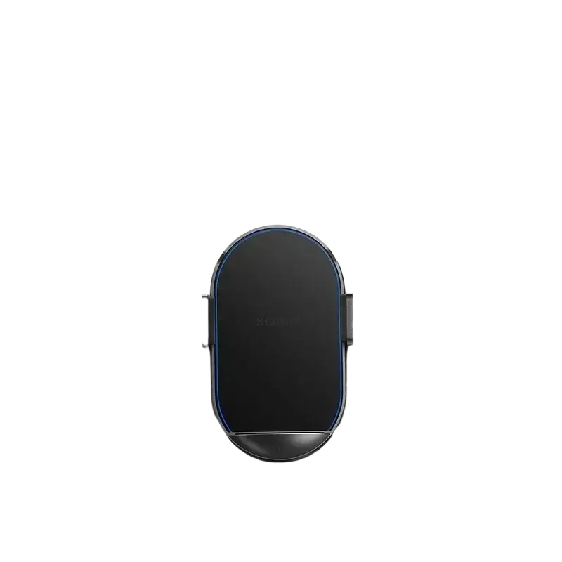 Black xiaomi 50w car wireless charger with dual interface, blue accent lighting, and efficient heat dissipation design