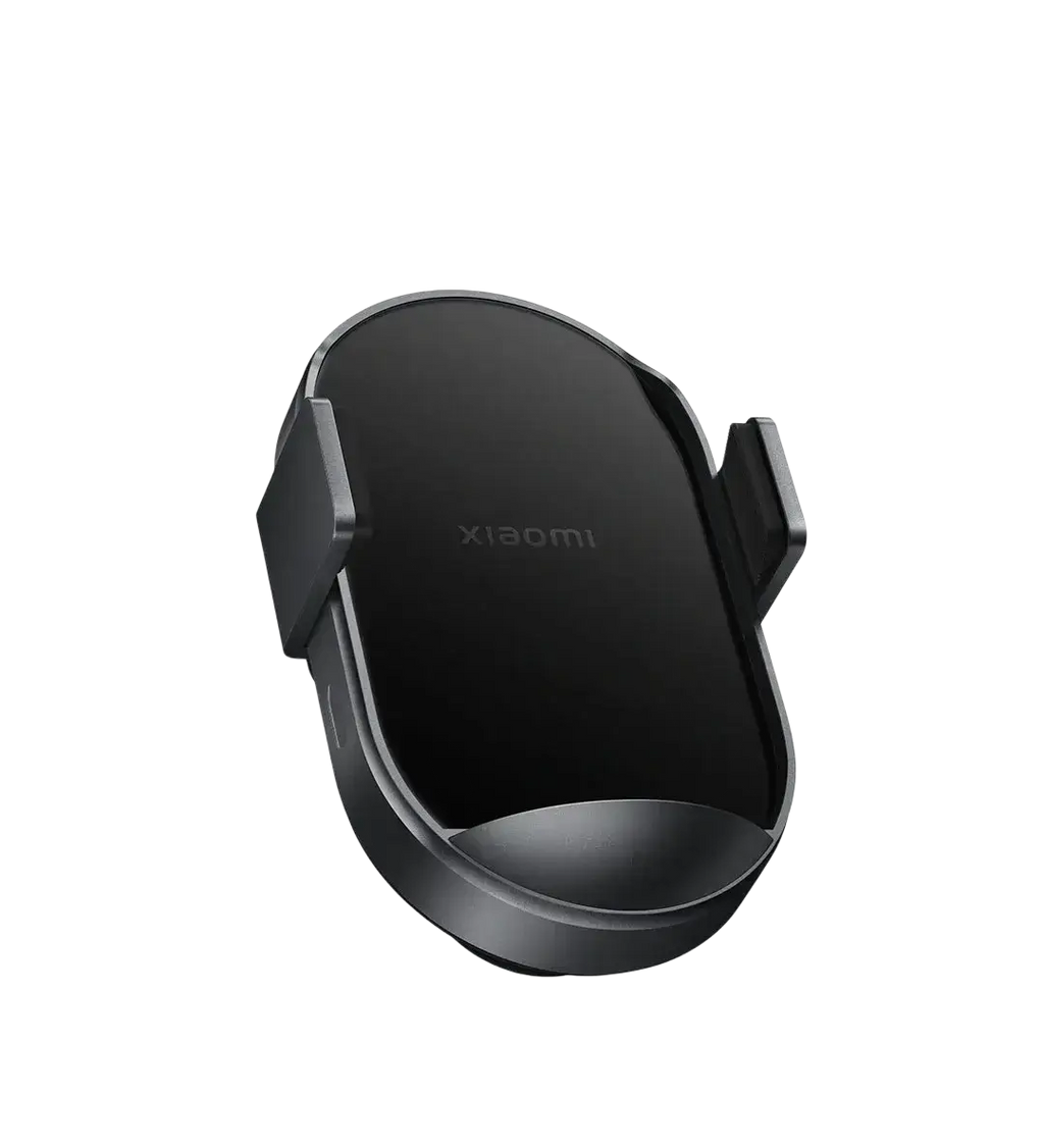Black Xiaomi 50w car wireless charger with dual interface, sleek minimalist design, and smooth matte finish
