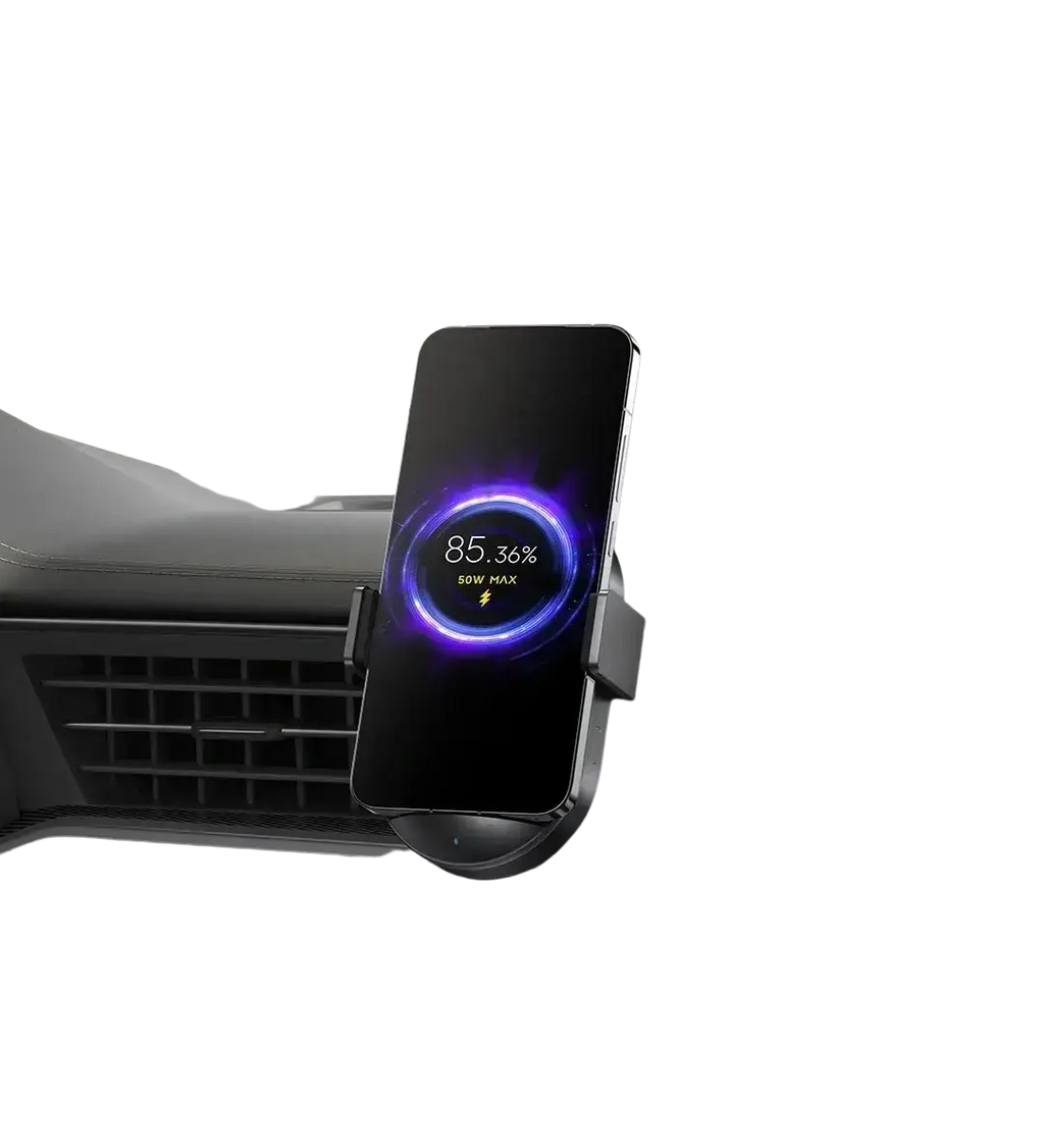 Black smartphone mounted in xiaomi 50w car wireless charger with dual interface and purple charging indicator light