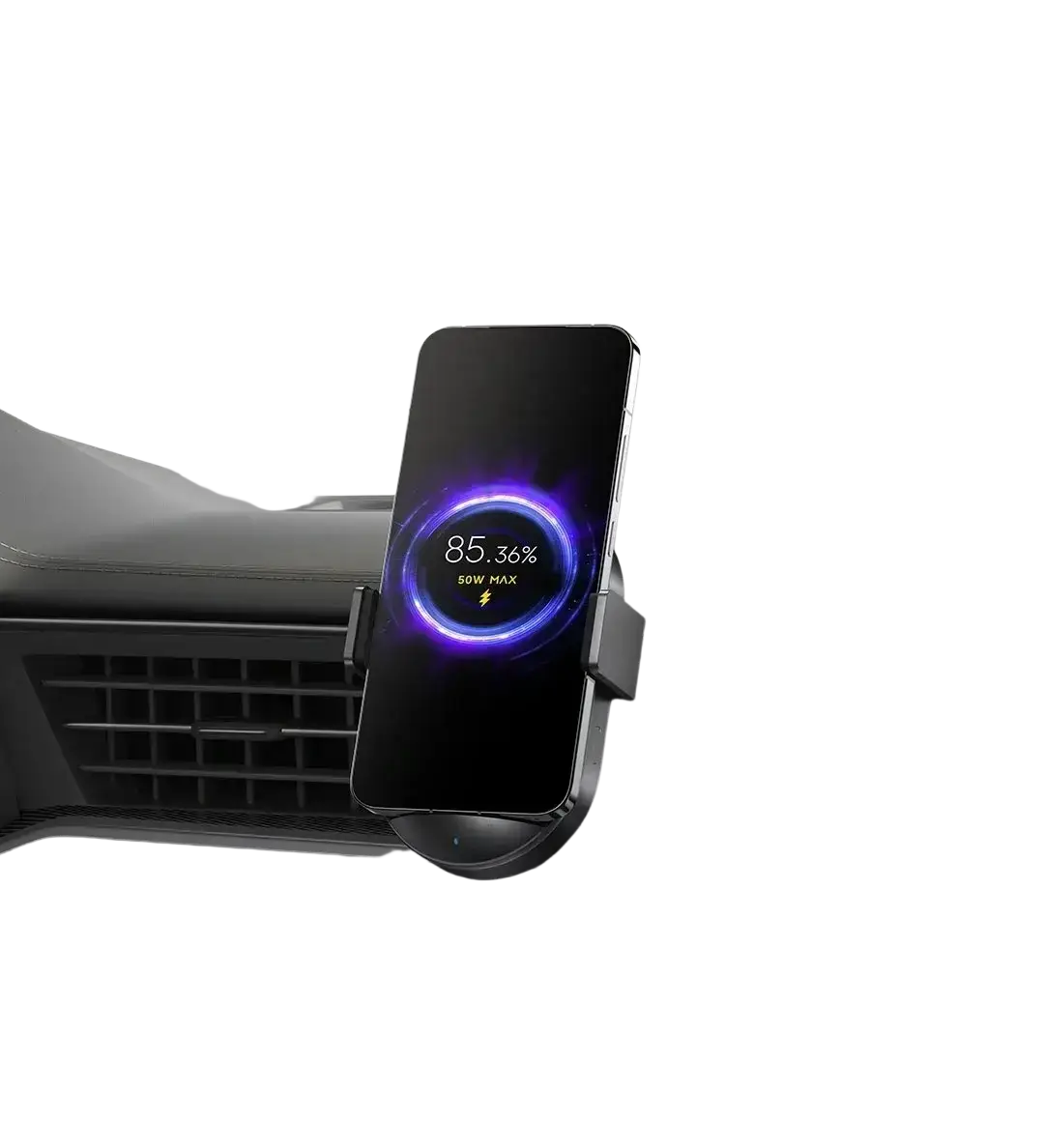Black smartphone mounted in xiaomi 50w car wireless charger with dual interface and purple charging indicator light