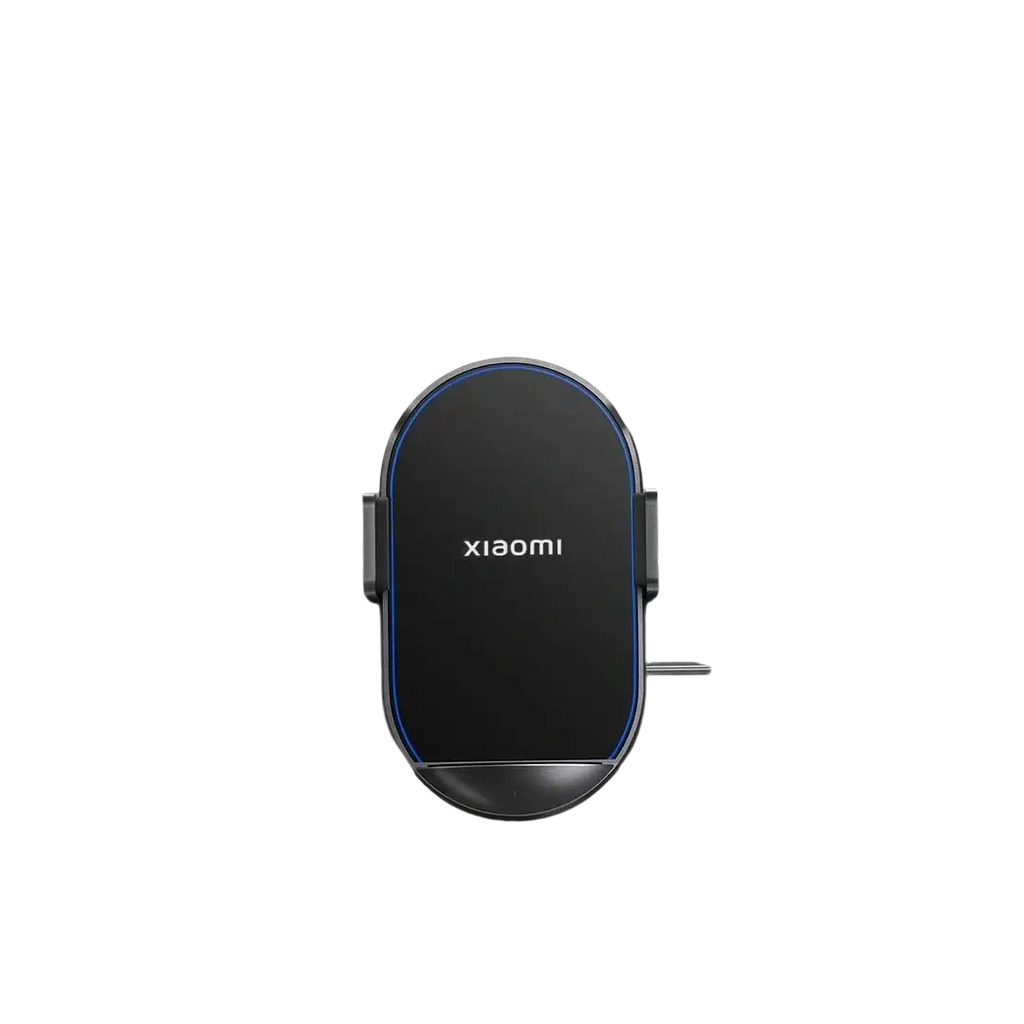 Black xiaomi 50w car wireless charger with sleek oval design and blue accent lighting for fast wireless charging