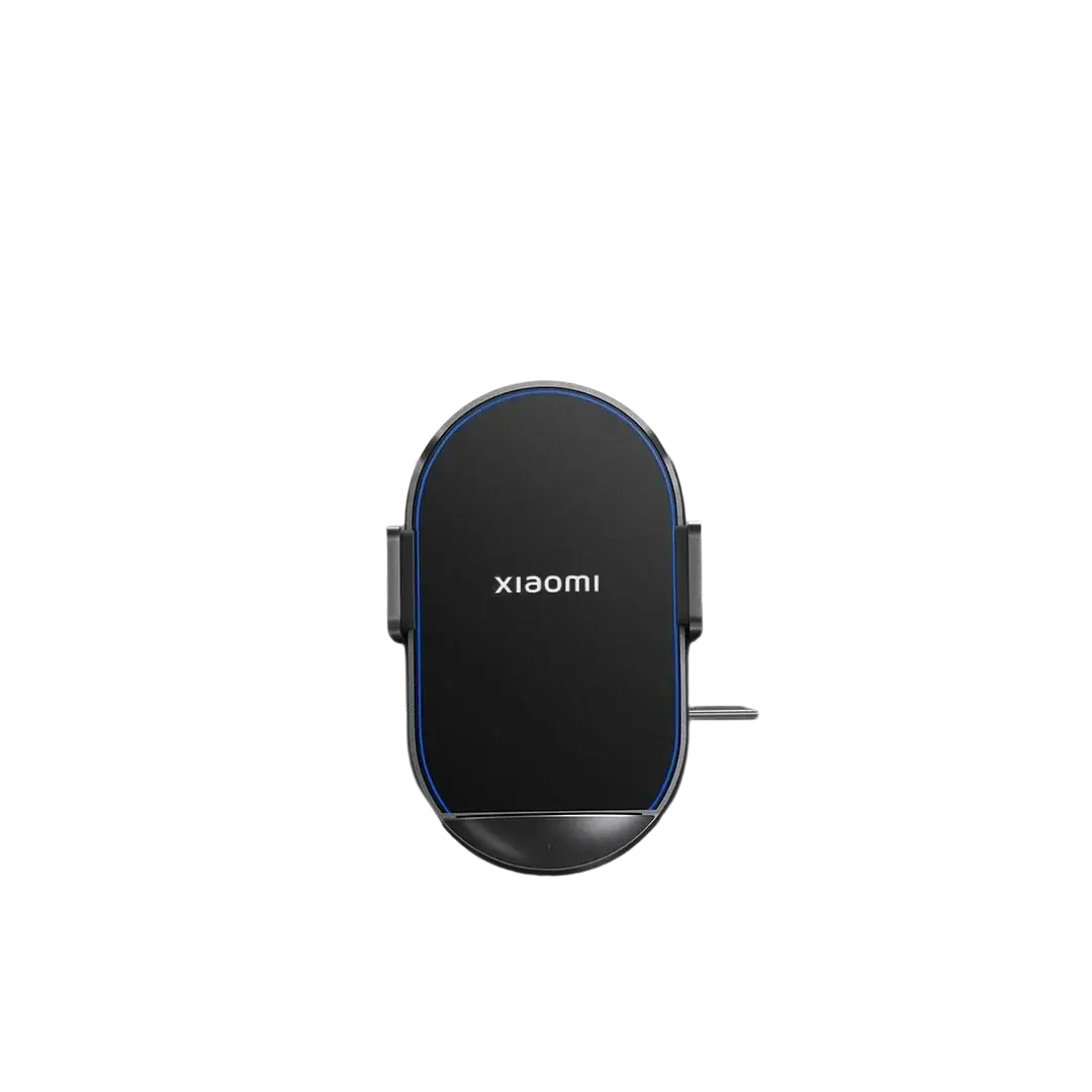 Black xiaomi 50w car wireless charger with sleek oval design and blue accent lighting for fast wireless charging