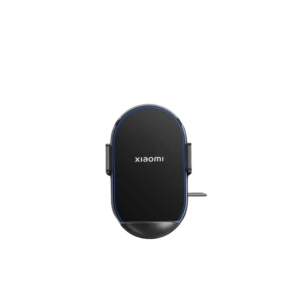 Black xiaomi 50w car wireless charger fast mount with sleek oval design and blue accent lighting around edges
