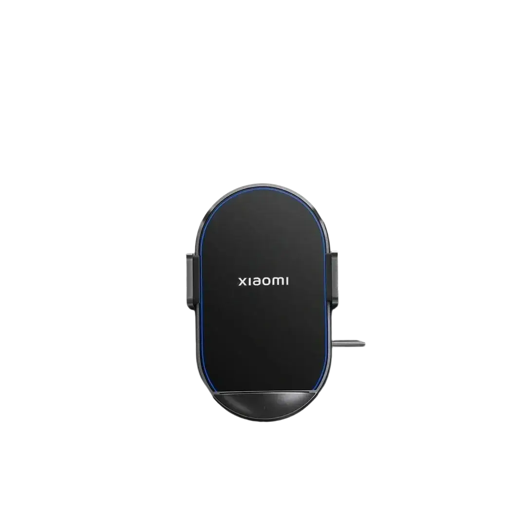 Black xiaomi 50w car wireless charger fast mount with sleek oval design and blue accent lighting around edges