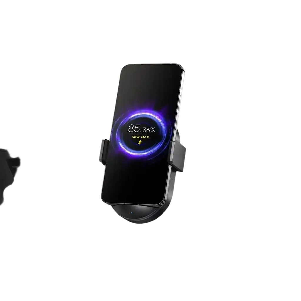 Black smartphone mounted in sleek modern xiaomi 50w car wireless charger with glowing purple 50w car wireless indicator