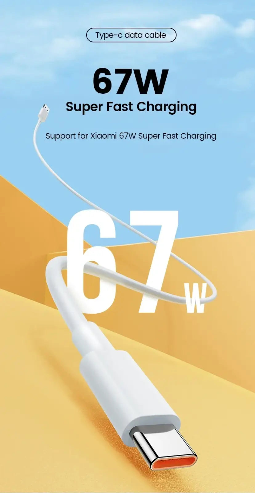 White Xiaomi 67w fast charging type c cable with super fast charging capability for Xiaomi devices