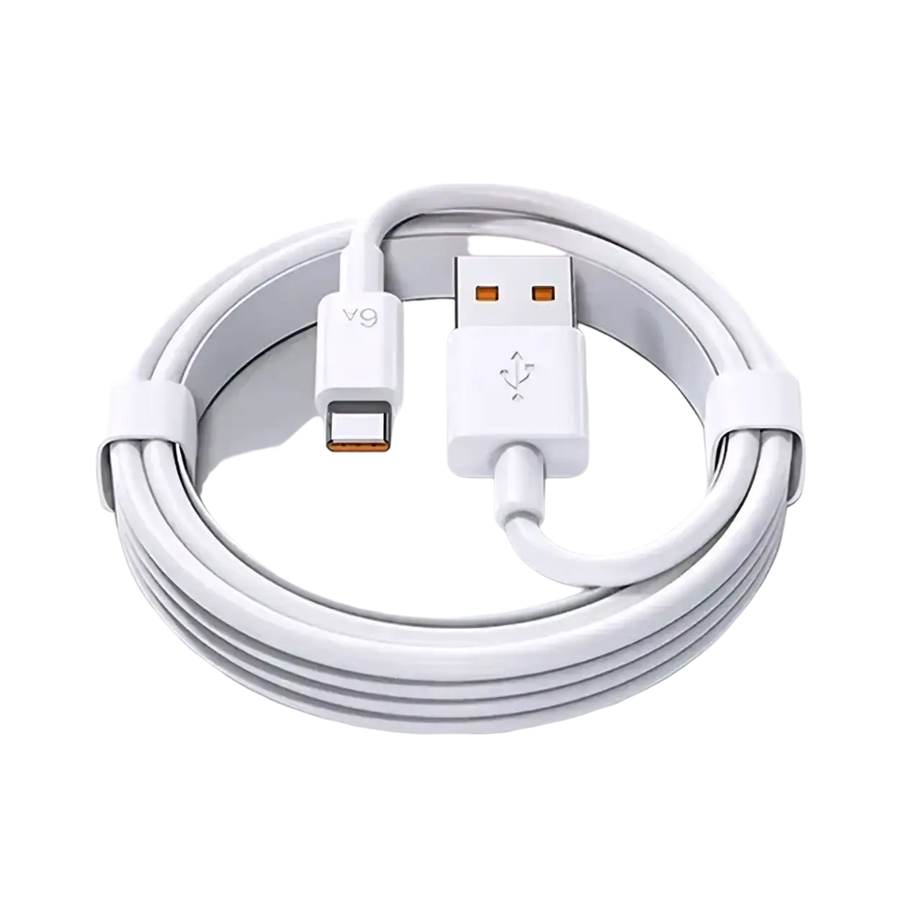 White Xiaomi 67w fast charging USB-C to USB-A cable with orange contacts and vg logo on connector for efficient charging