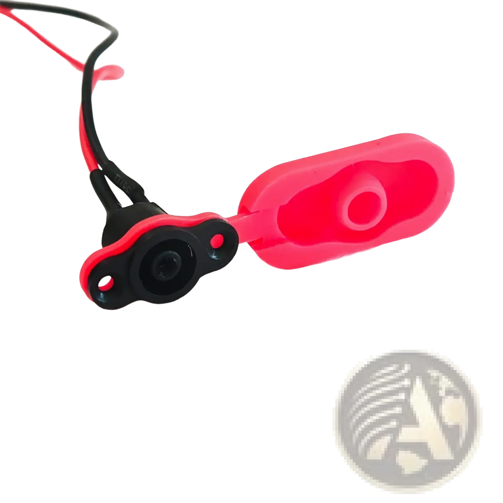 Bright pink and black silicone earbuds with red wire shown alongside Xiaomi M365 scooter charging port with waterproof cover