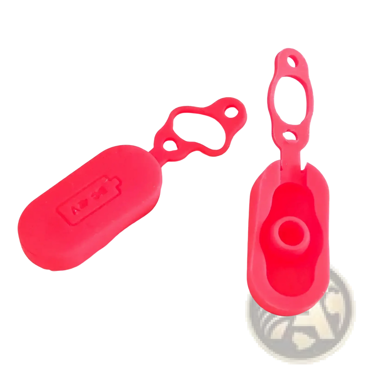 Bright red silicone Xiaomi M365 scooter charging port cover with molded battery icon and attached loop for easy use