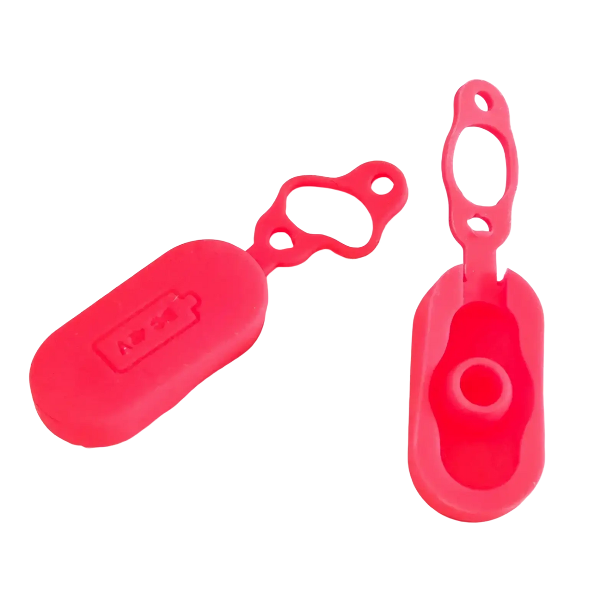 Bright red silicone Xiaomi M365 scooter charging port cover with molded battery icon and attached loop for easy use
