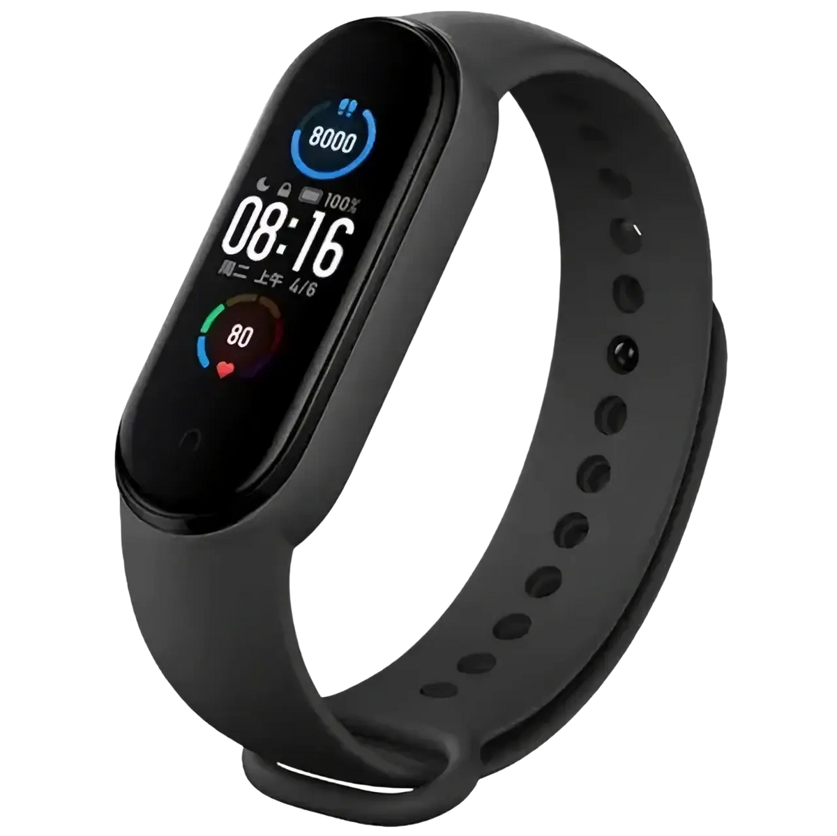 Black xiaomi mi band wristband silicone bracelet with rectangular touchscreen displaying time steps and heart rate