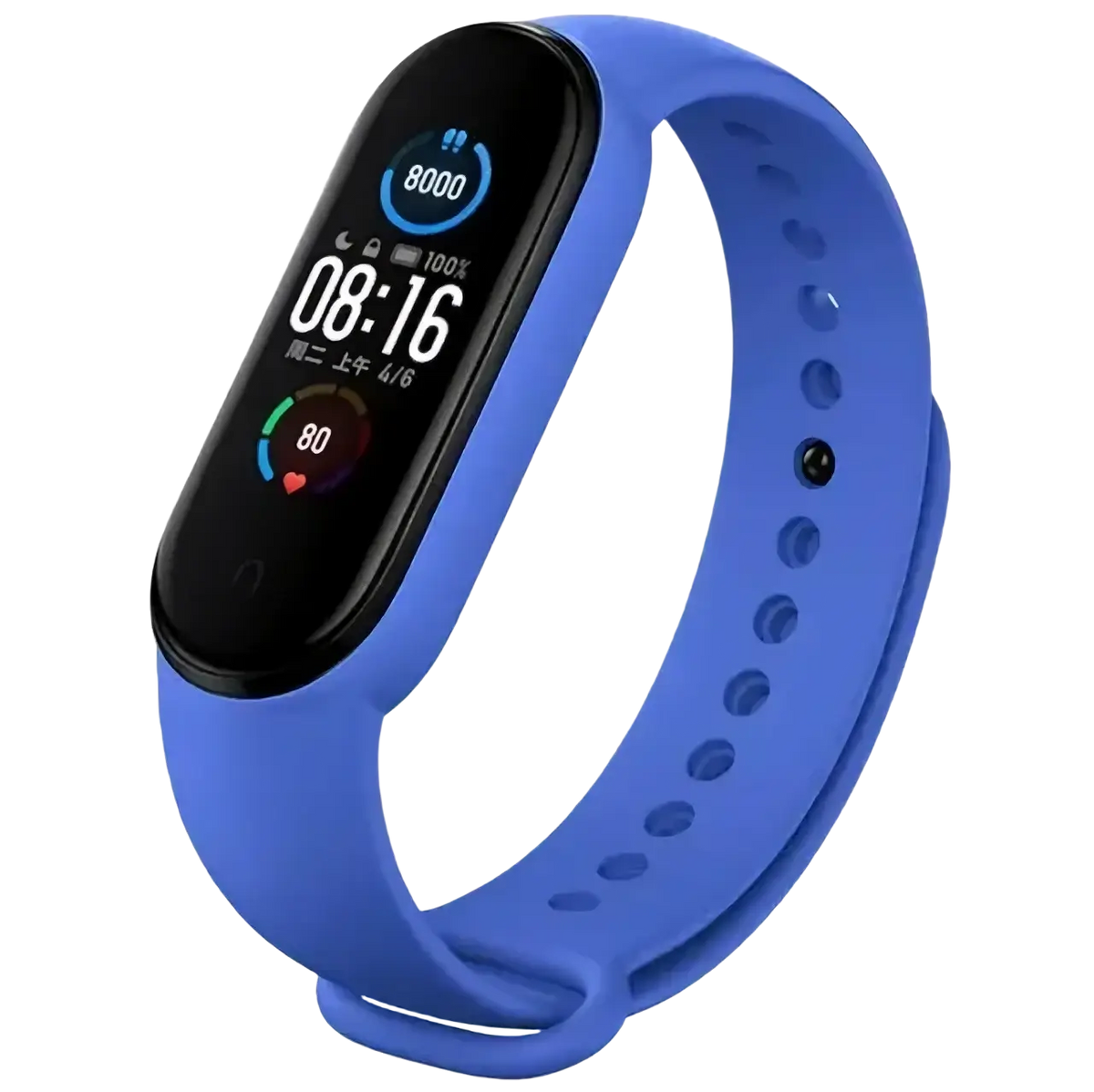 Blue xiaomi mi band wristband silicone bracelet with black rectangular screen displaying time and fitness metrics