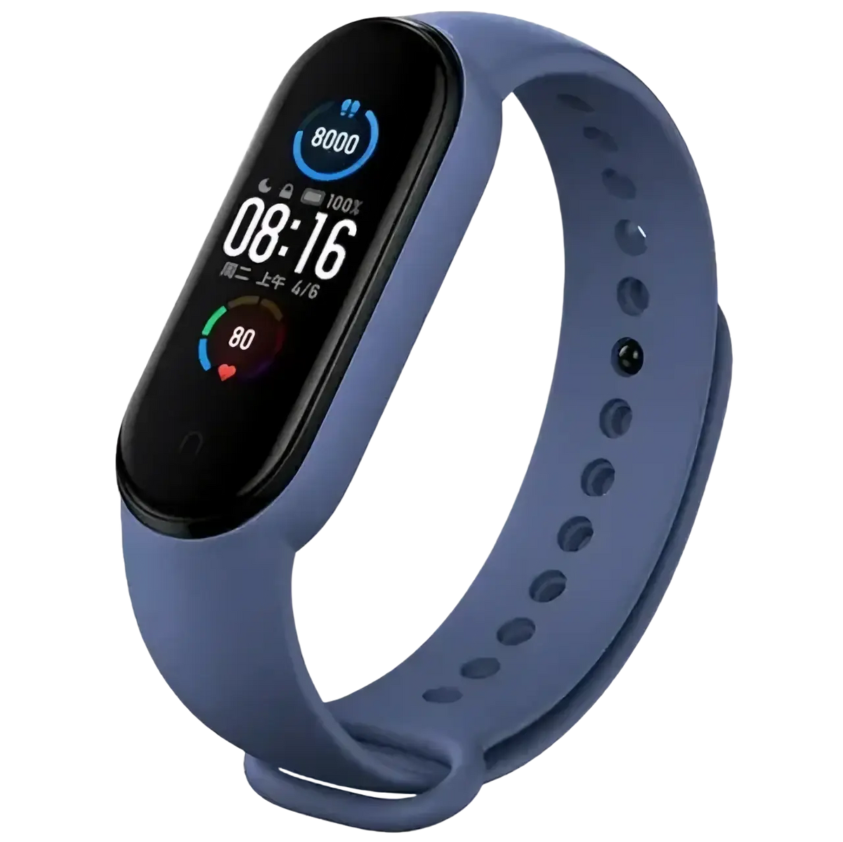 Blue silicone wristband bracelet for xiaomi mi band with black screen displaying time steps and heart rate