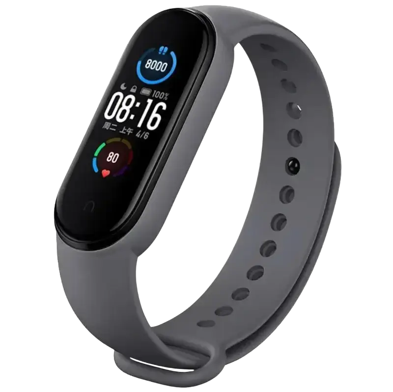 Gray xiaomi mi band wristband silicone bracelet with rectangular touchscreen displaying time steps and heart rate