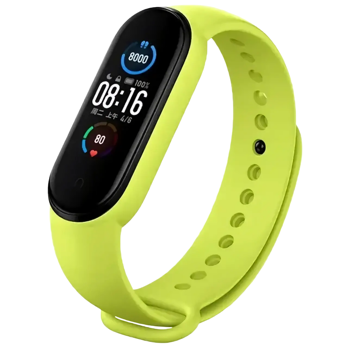 Xiaomi Mi Band wristband silicone bracelet in lime green with black display showing time and health metrics