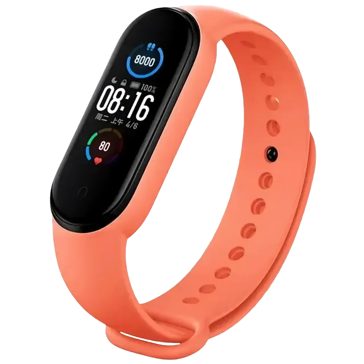 Orange silicone bracelet wrist Xiaomi Mi Band fitness tracker with black screen displaying time and health metrics