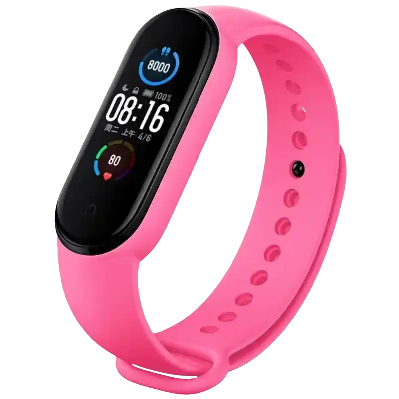 Pink xiaomi mi band wristband silicone bracelet with black display showing time steps and heart rate in silicone bracelet wrist design