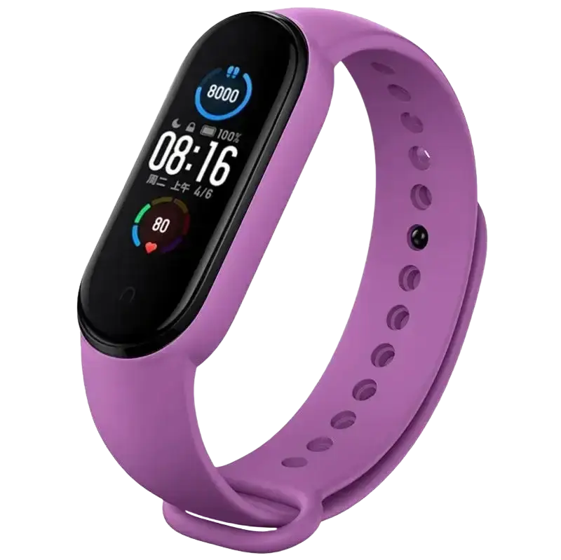 Purple xiaomi mi band wristband silicone bracelet with black screen showing time steps and heart rate display