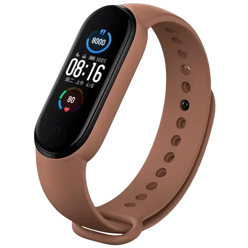 Tan silicone wristband silicone bracelet with black screen showing time steps and heart rate for xiaomi mi band