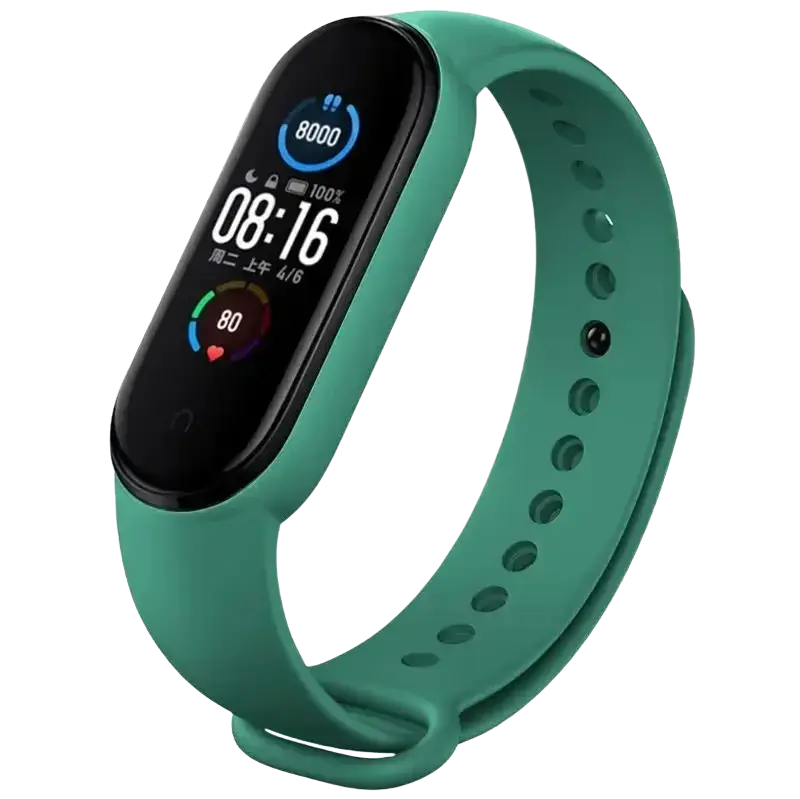 Teal xiaomi mi band wristband silicone bracelet with black rectangular screen showing time steps and heart rate
