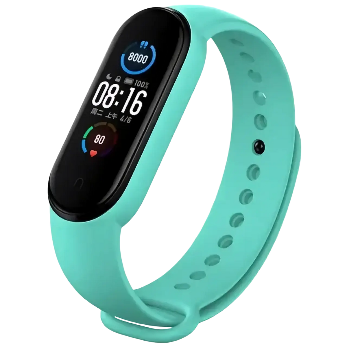 Teal xiaomi mi band wristband silicone bracelet with black display screen showing time and health metrics