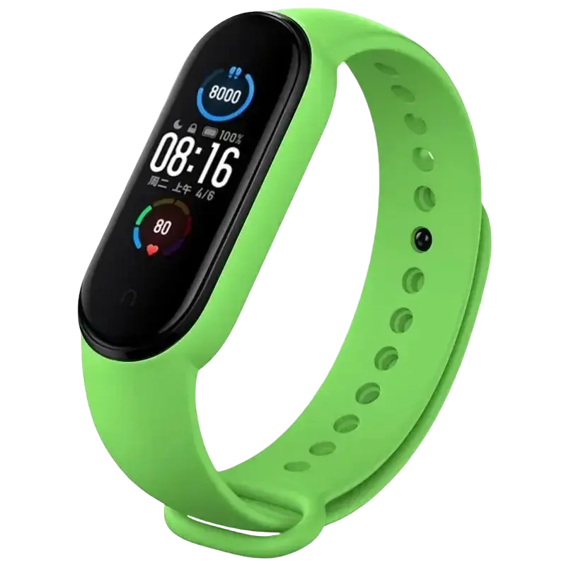 Vibrant lime green xiaomi mi band wristband silicone bracelet with black screen showing time steps and heart rate