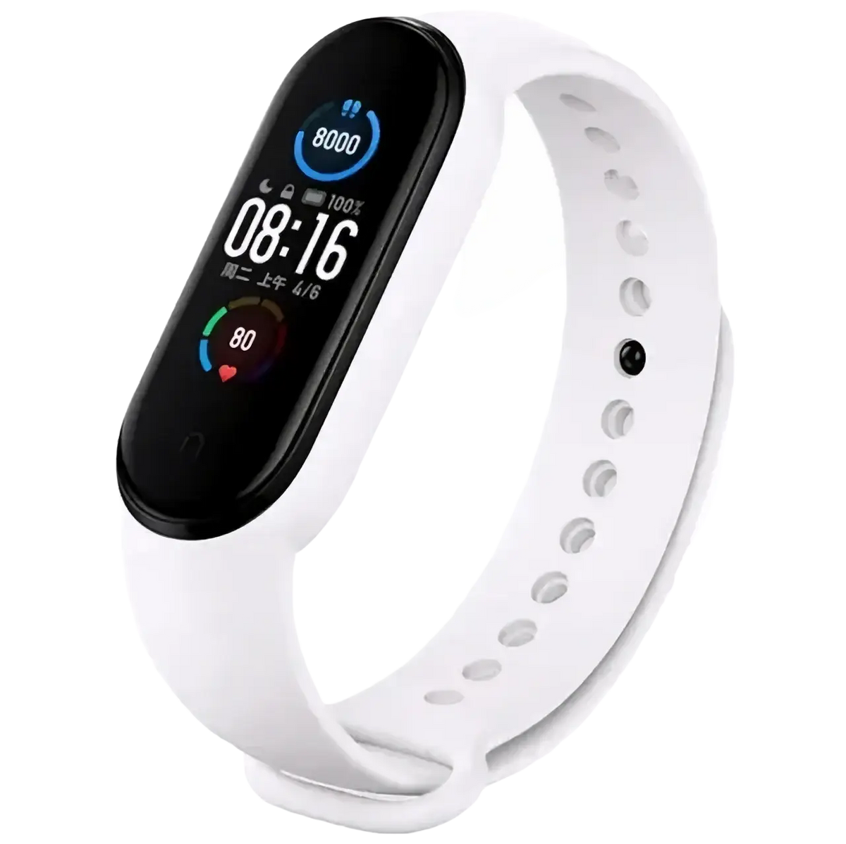 White silicone wristband silicone bracelet featuring a black screen showing time steps and heart rate xiaomi mi band