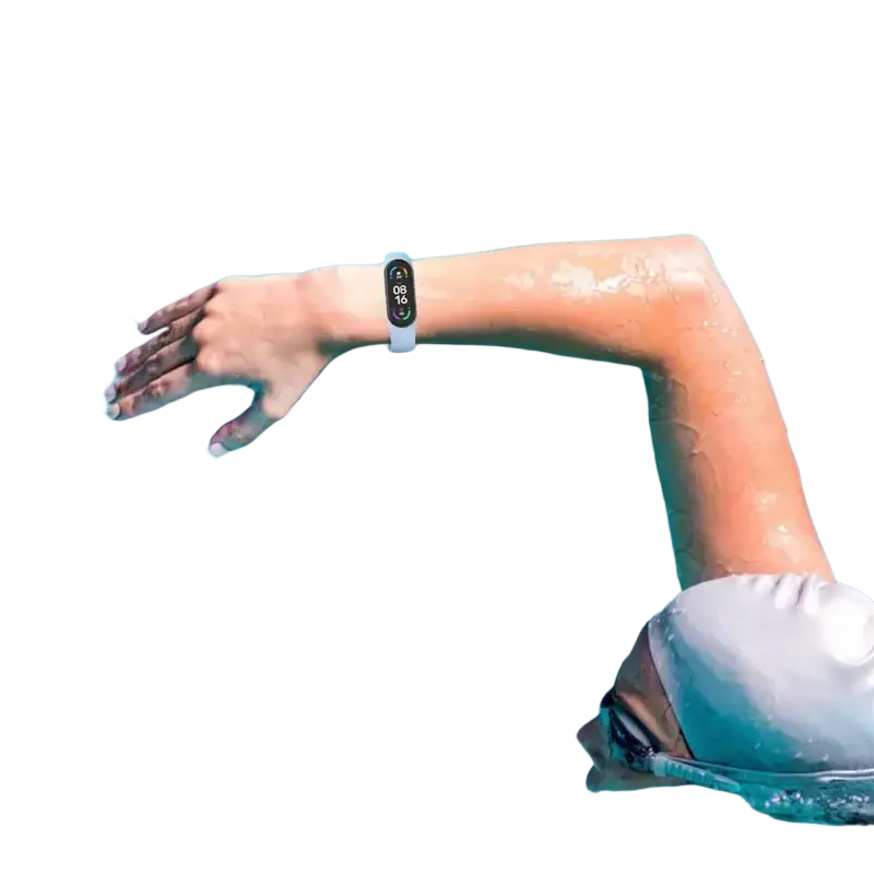 White xiaomi mi band 5 fitness tracker with wristband silicone bracelet worn on a swimmer’s wrist