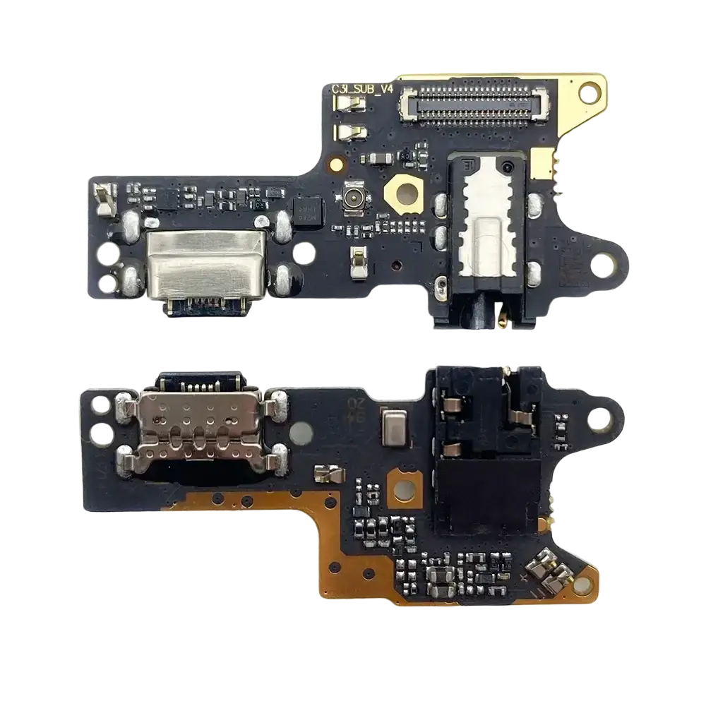 Black circuit board with silver USB-C port and gold-plated contacts flex cable for Xiaomi Redmi charging port replacement