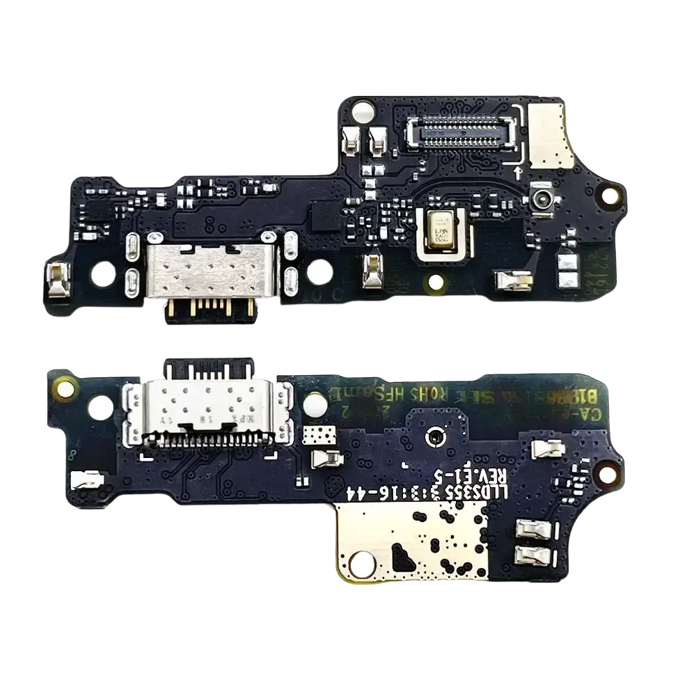 Black smartphone charging port flex cable with silver usb-c connector and gold-plated contacts for xiaomi redmi models