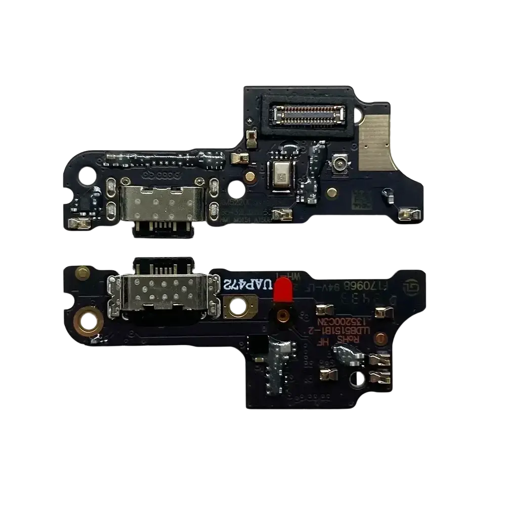 Black xiaomi redmi charging port flex cable assembly with metallic connectors and circuit board markings for usb charging