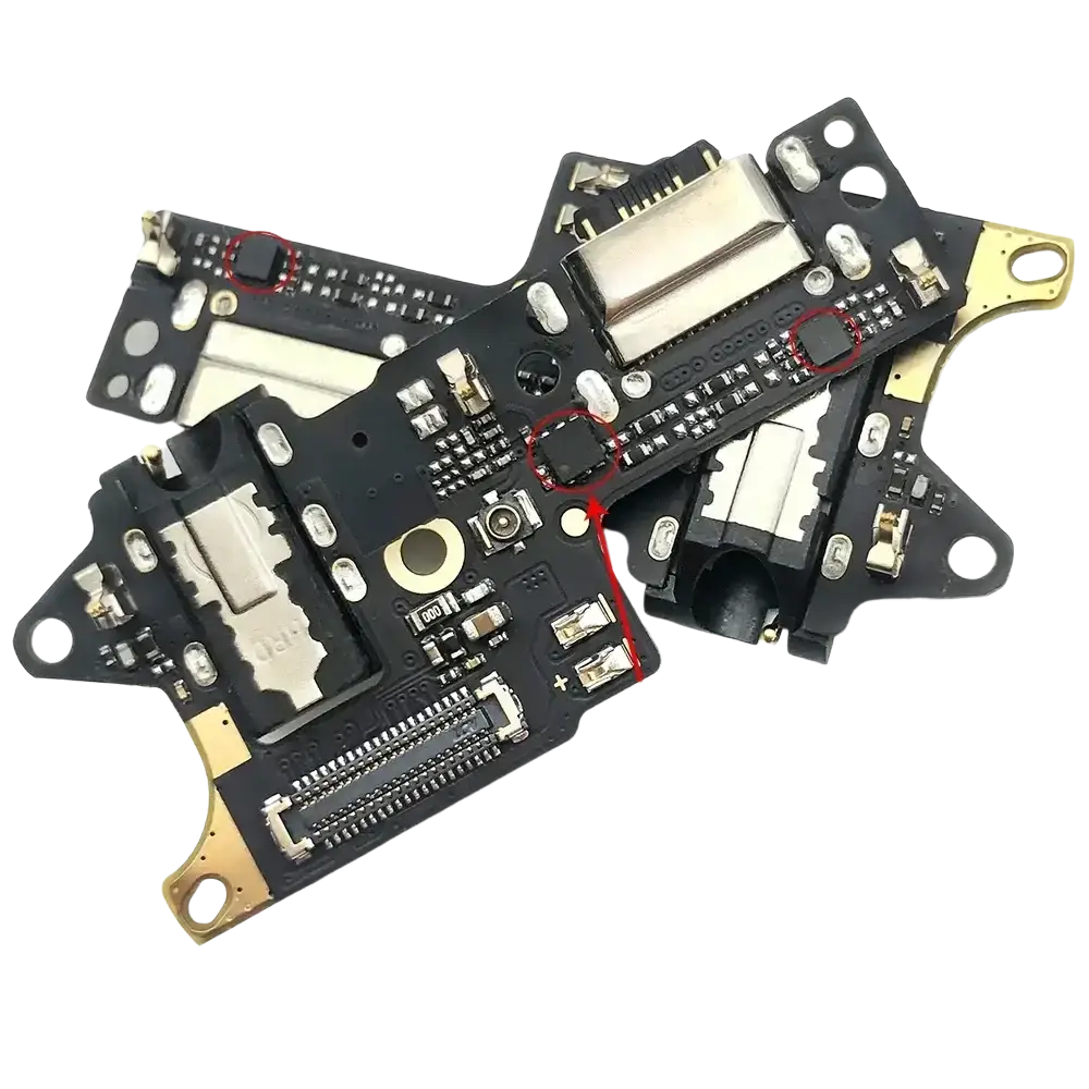Xiaomi Redmi black charging port flex cable with gold metal connectors and silver USB-C ports for phone repair