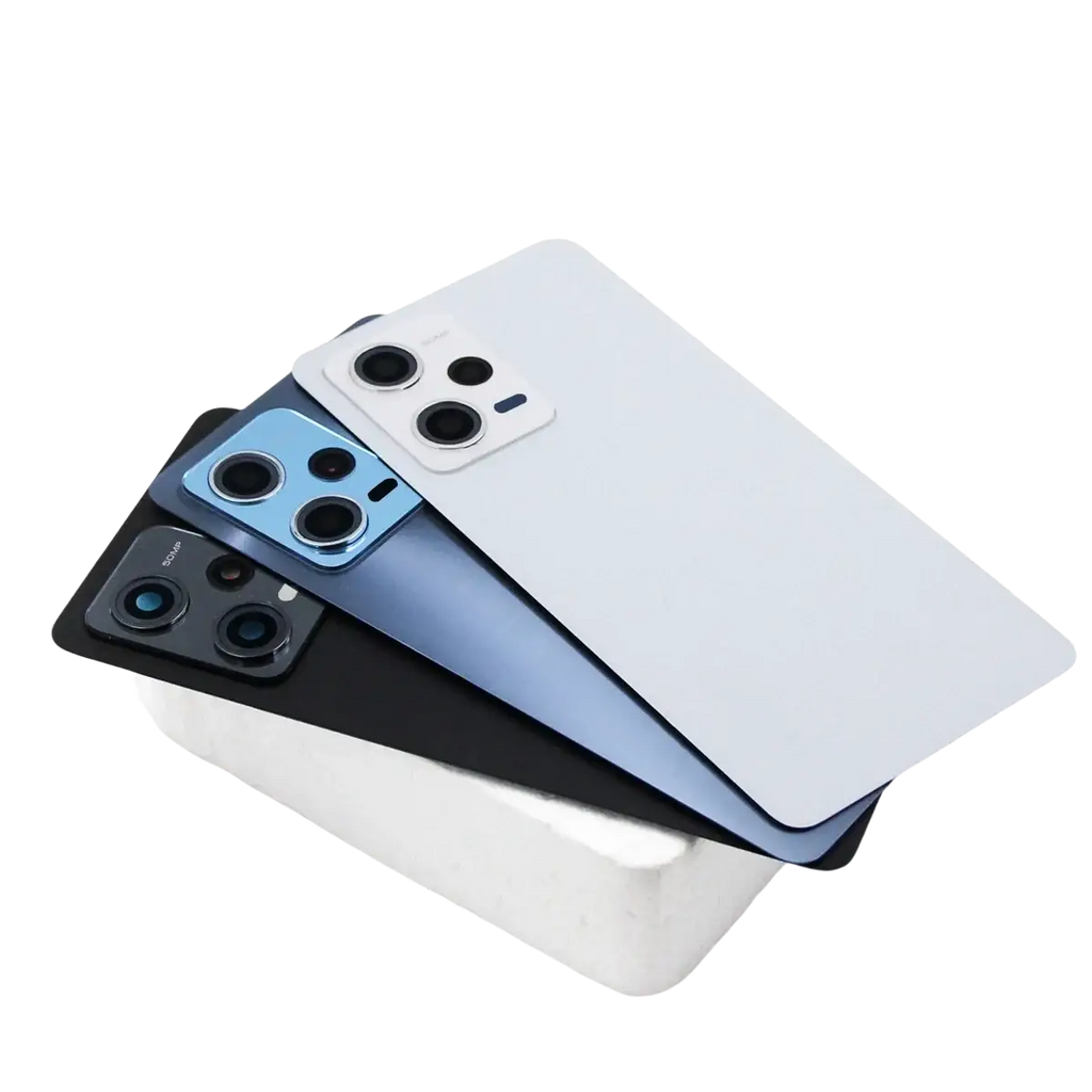 Three xiaomi redmi note 12 pro 5g glass back covers in black blue and white showing camera modules with shipping fee info