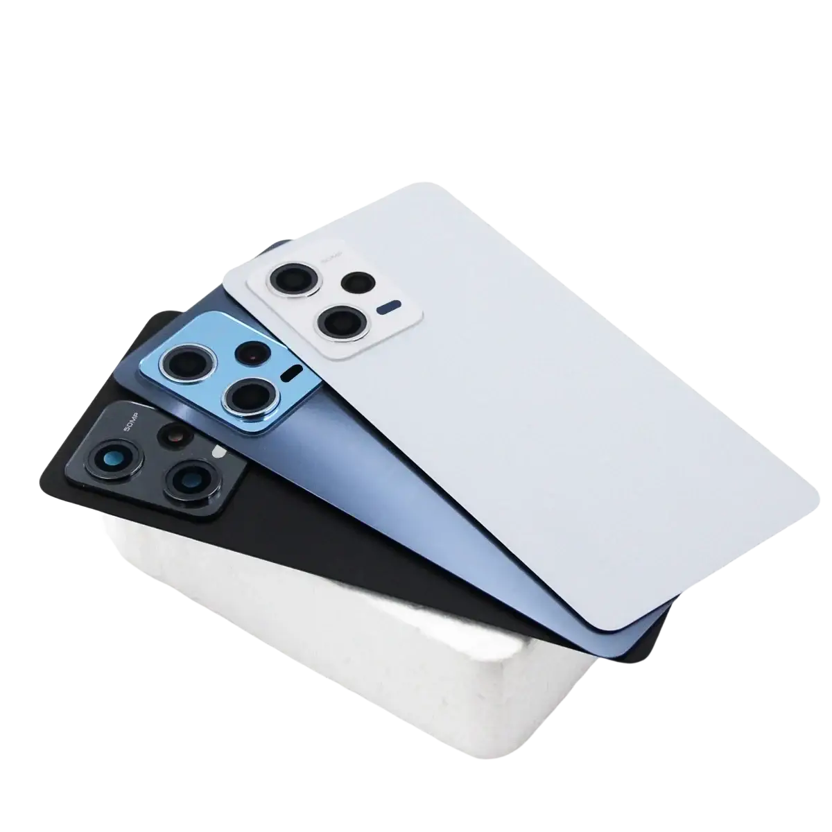 Three xiaomi redmi note 12 pro 5g glass back covers in black blue and white showing camera modules with shipping fee info