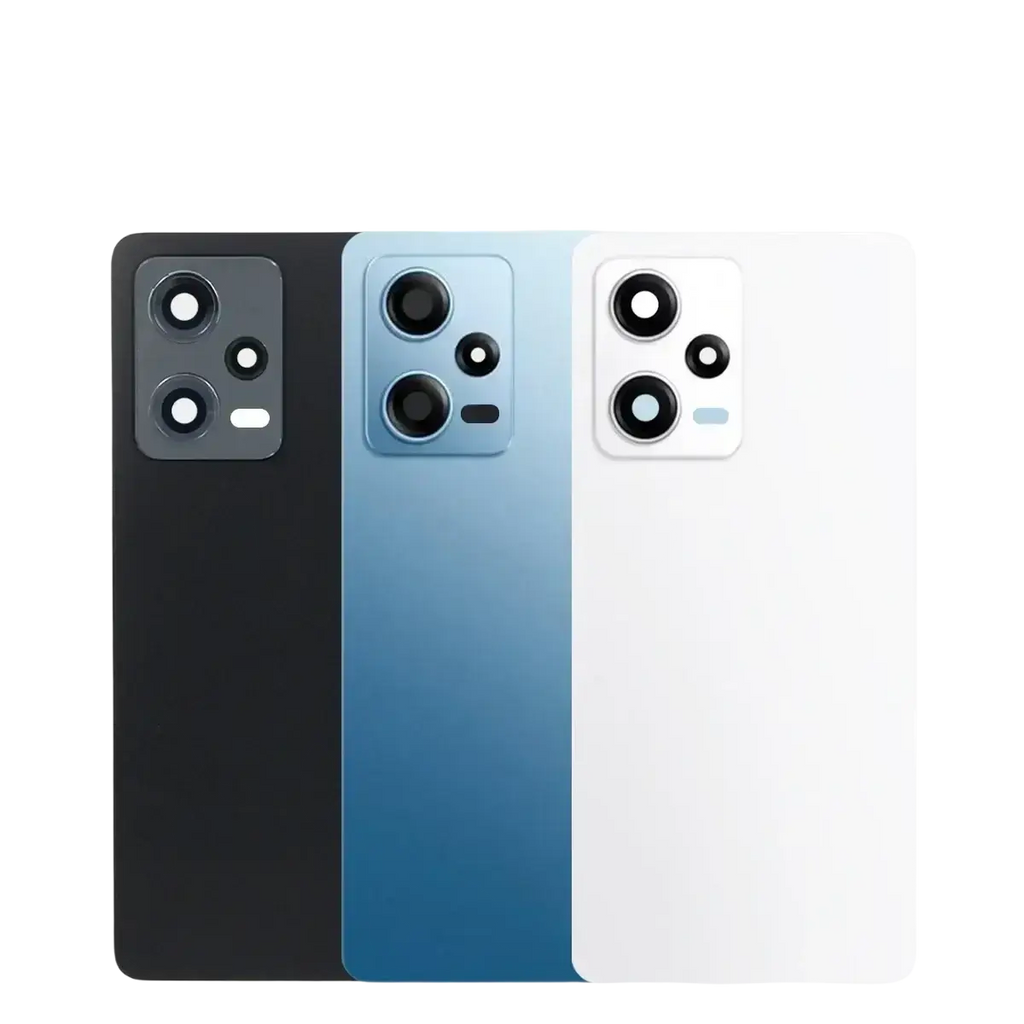 Black back glass replacement for xiaomi redmi note 12 pro with rectangular triple lens camera module shown on three phones