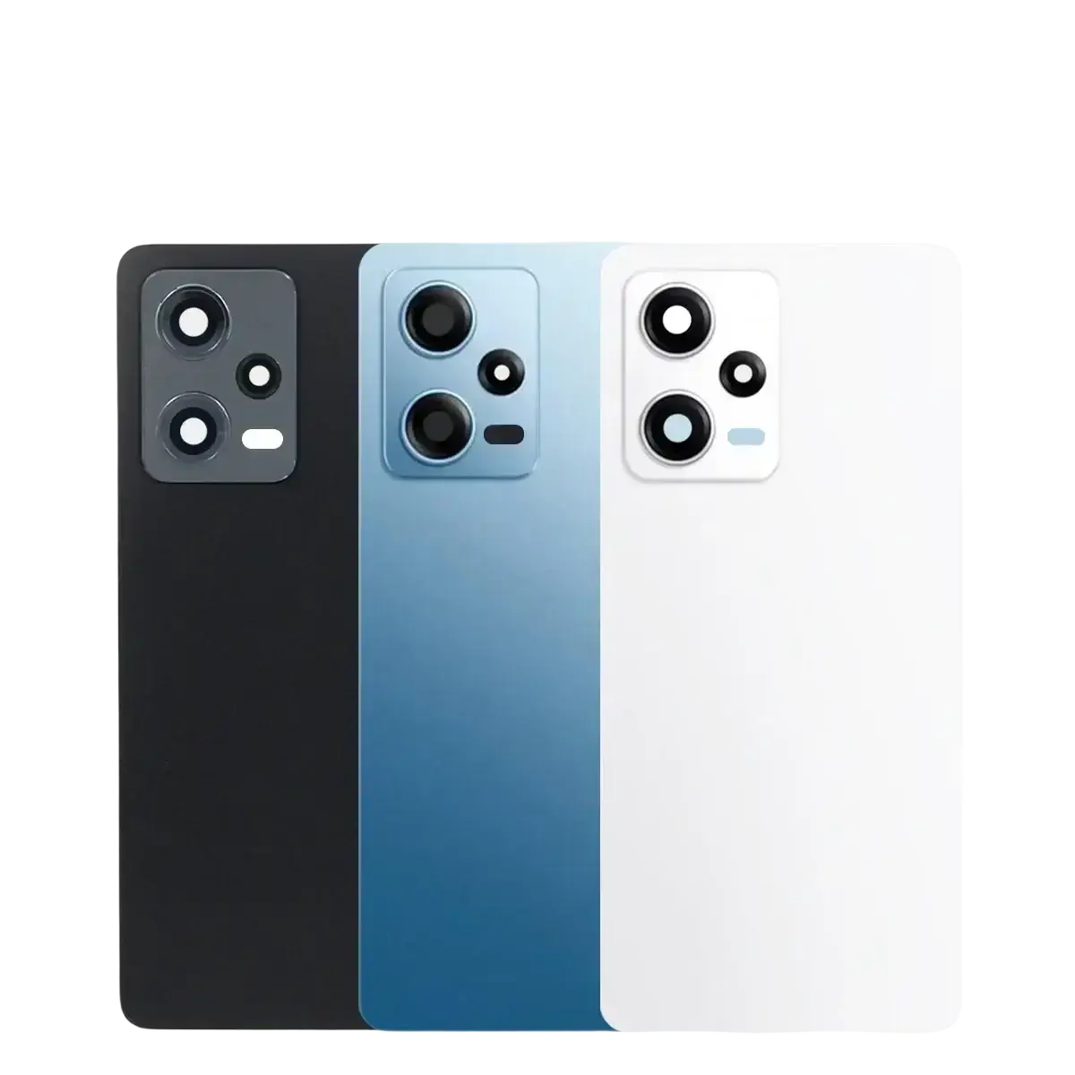 Black back glass replacement for xiaomi redmi note 12 pro with rectangular triple lens camera module shown on three phones