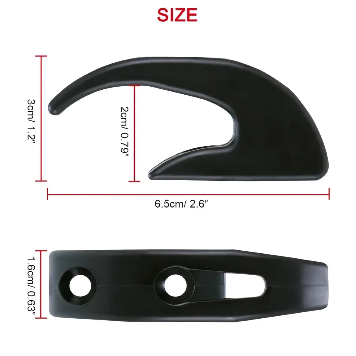 Xiaomi scooter front hook heavy duty hanger in black plastic with curved top and two circular holes at the base