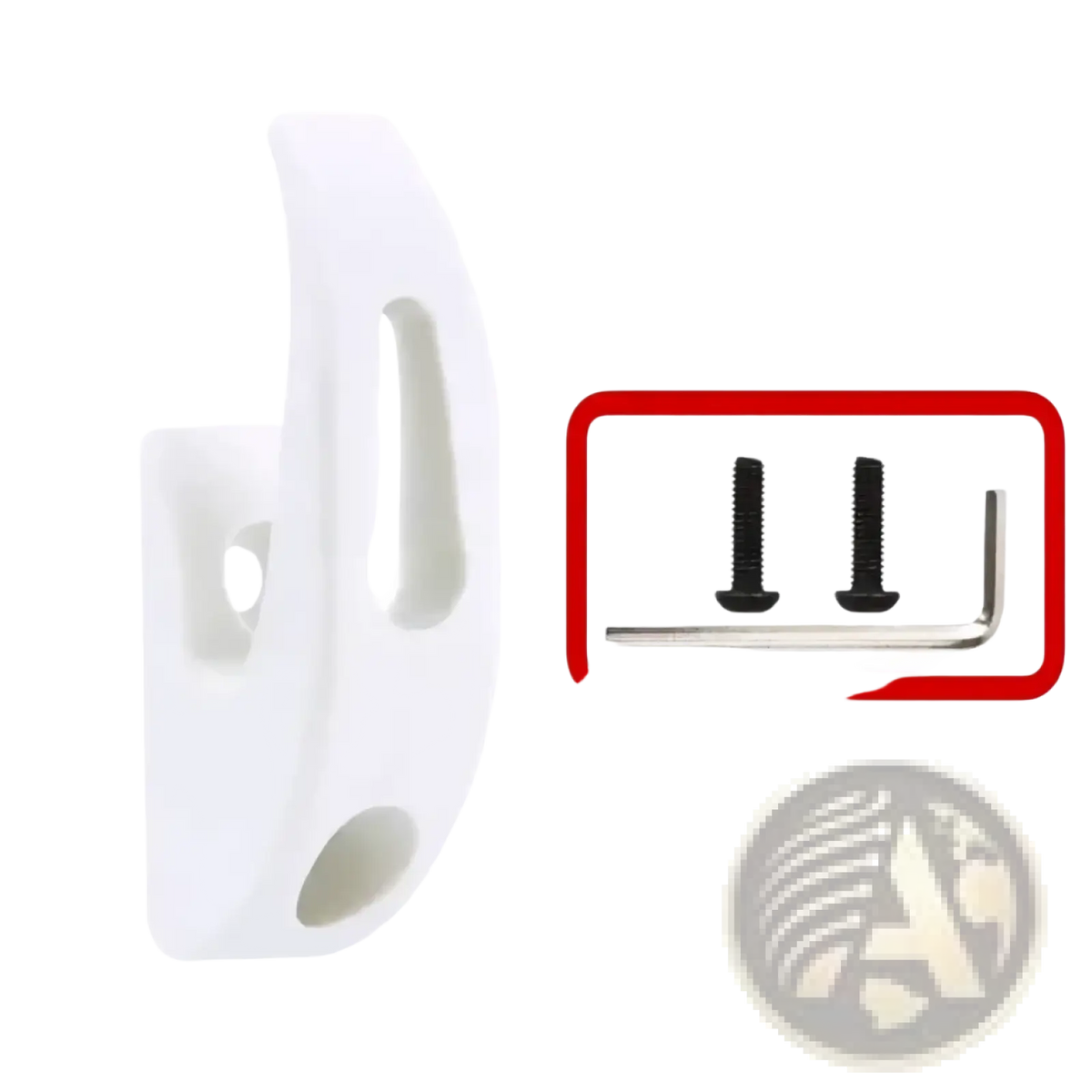 White plastic wall-mounted xiaomi scooter front hook with integrated mounting plate and three pre-drilled holes