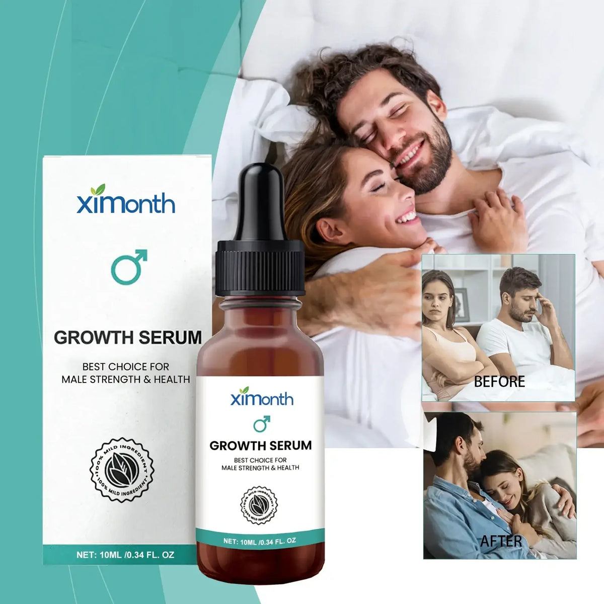 Brown glass bottle with black dropper cap and white ximonth label growth serum for daily skin care and skin elasticity