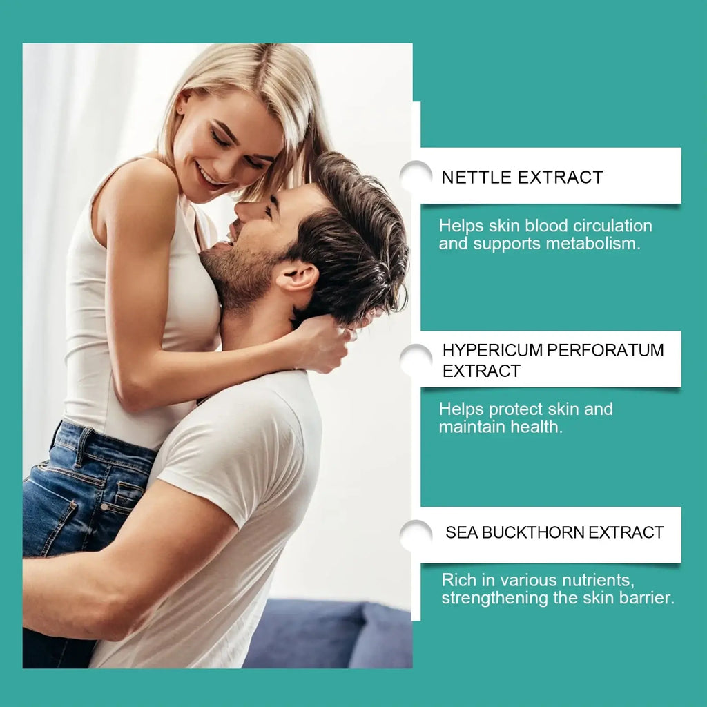 A man and woman embrace affectionately illustrating Ximonth men body growth serum for daily skin care and improved skin elasticity