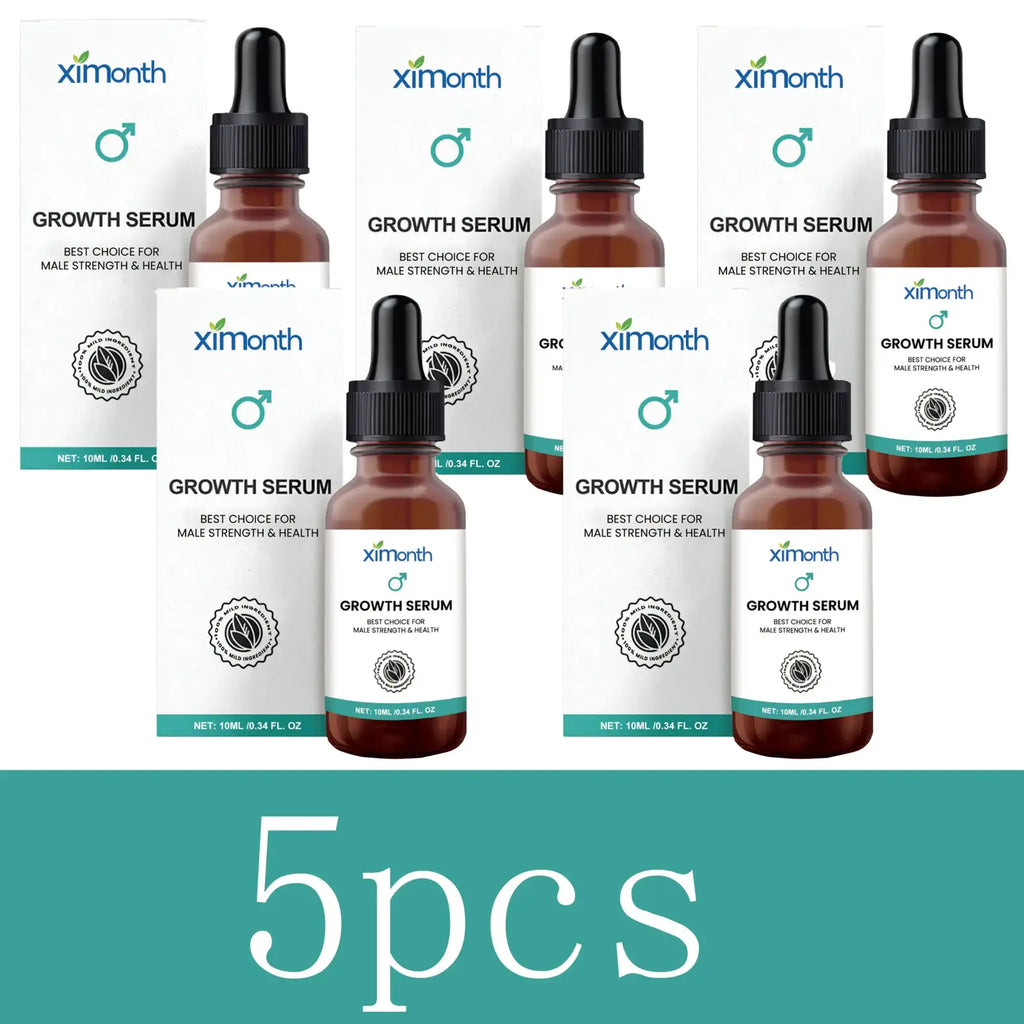 Five amber glass dropper bottles of ximonth men body growth serum with teal label accents for daily skin care and elasticity