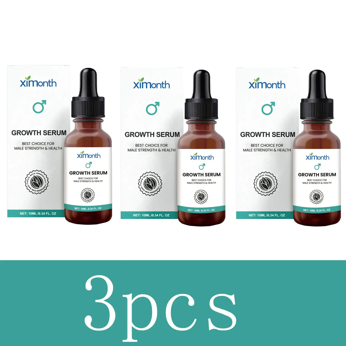 Three amber glass bottles of Ximonth men body growth serum with black dropper caps for daily skin care and elasticity