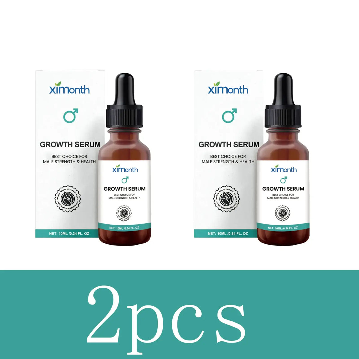 Two amber glass bottles of ximonth men body growth serum with black dropper caps for daily skin elasticity care
