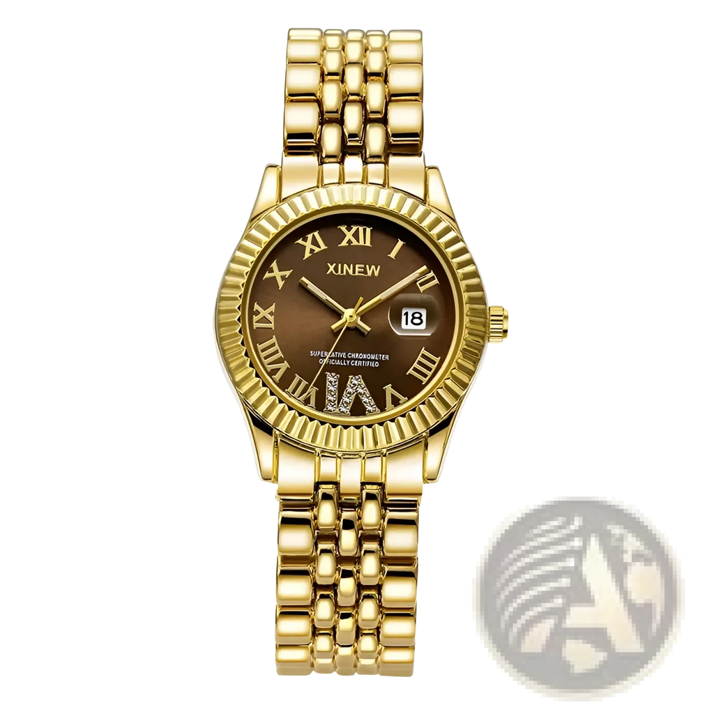 Xinew gold-tone quartz watch with brown dial roman numerals and date window for women
