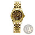 Xinew gold-tone quartz watch with brown dial roman numerals and date window for women