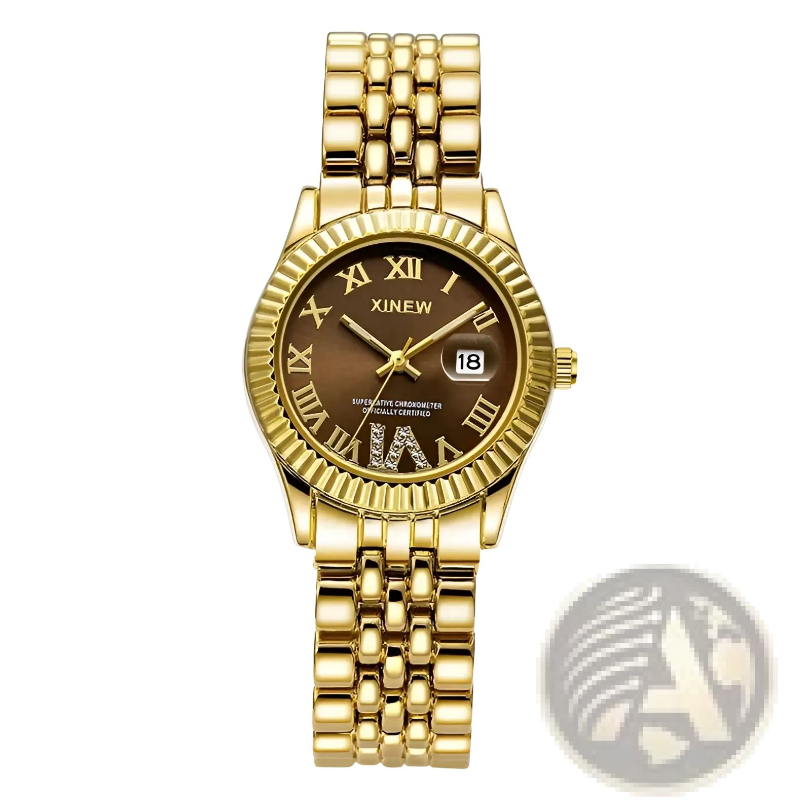 Xinew gold-tone quartz watch with brown dial roman numerals and date window for women