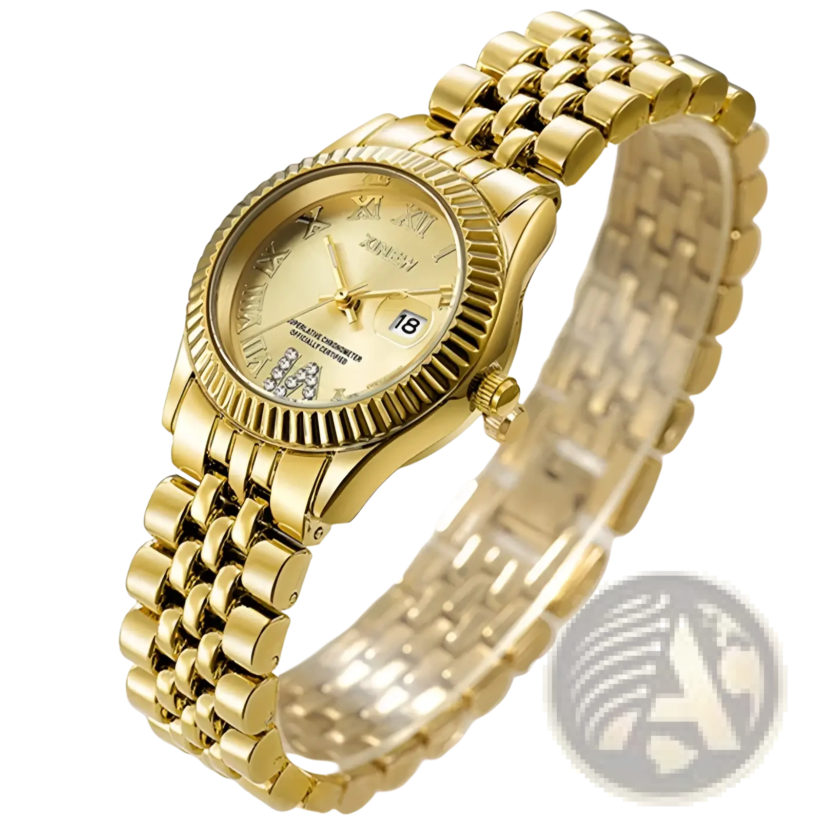 Xinew gold tone stainless steel bracelet watch with cream dial, roman numerals, and diamond accents at 6 o’clock