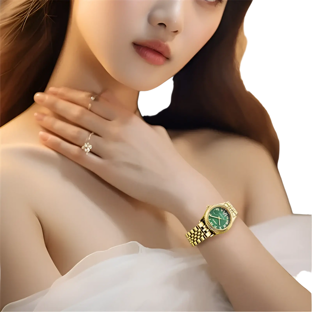 Xinew gold green dial women quartz watch with gold-tone case, vibrant green dial, diamond-like hour markers, and link bracelet