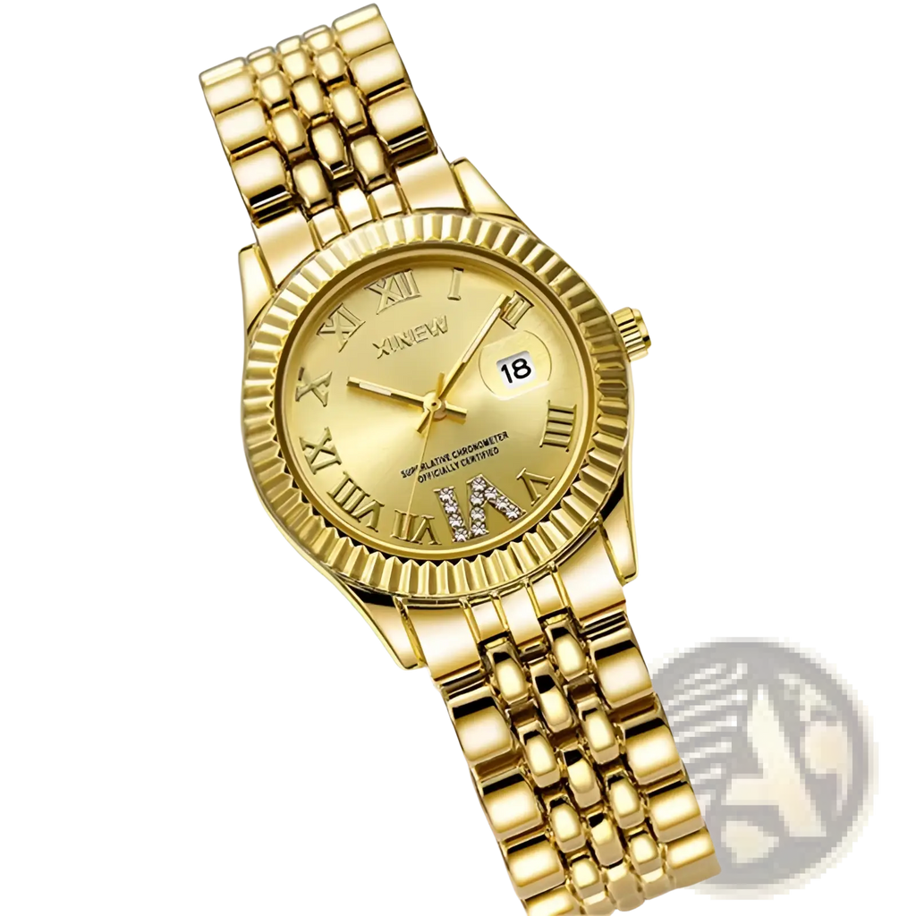 Xinew gold green dial women quartz watch with gold-tone fluted bezel roman numeral markers and diamond vi accent